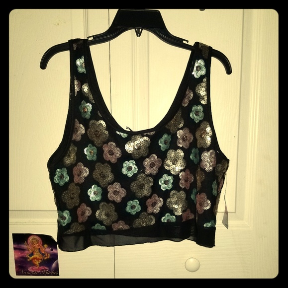 Crop top tank top with sequin floral design - Picture 1 of 1